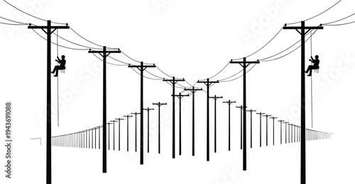Silhouette of electrical linemen repairing high voltage power lines on multiple utility poles, perspective view of electricity transmission grid infrastructure and energy distribution maintenance