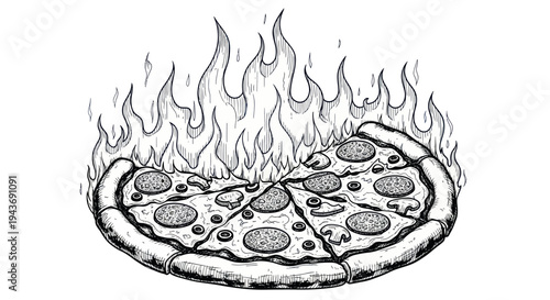 Hot Pepperoni Pizza Slice on Fire, Hand Drawn Sketch Illustration