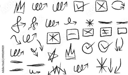 Collection of Hand-Drawn Symbols and Icons Featuring Arrows, Checkmarks, and Abstract Shapes on a White Background