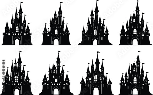 Castle silhouette collection, medieval fortress designs, fantasy architecture, gothic towers, fairy tale castles, vector illustration, black silhouette, mysterious structures