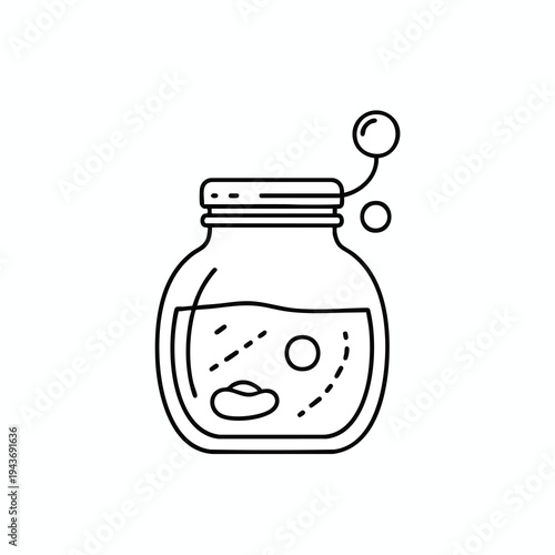 Simple line drawing of a glass jar with a wavy liquid, bubbles, and a connected detached bubble