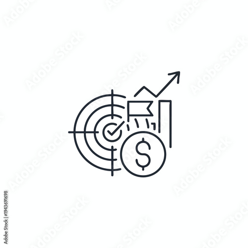 Line art of a target, graph, flag, checkmark, and dollar symbol