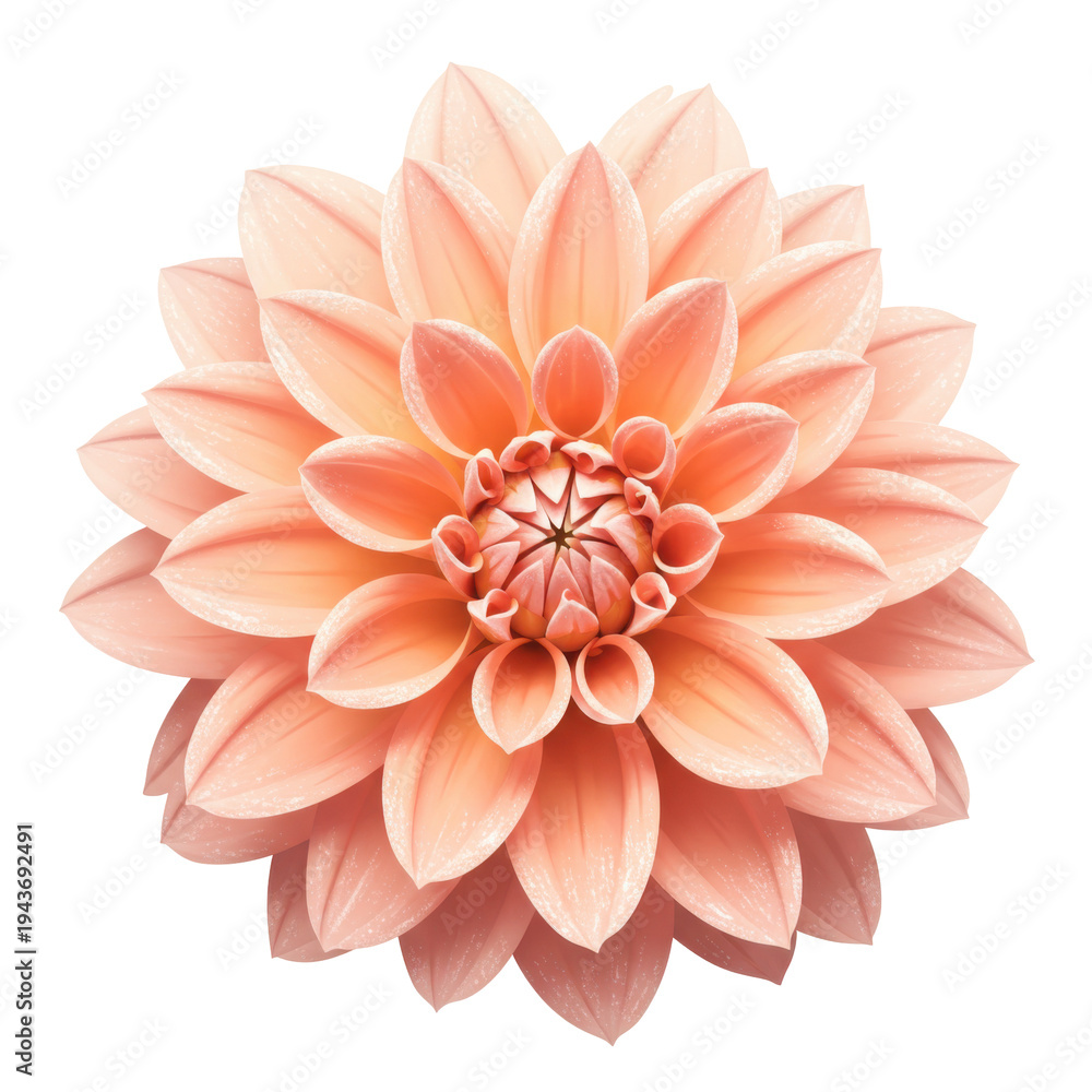 Fototapeta premium Exquisite peach dahlia bloom showcasing delicate petal arrangement and intricate center detail isolated on white background