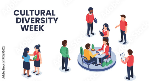 Illustration of diverse people interacting and celebrating cultural diversity in a multicultural community concept with a global cultural diversity theme.