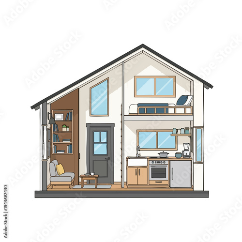 Cutaway of a two-story home showcasing a cozy living area and a modern kitchen