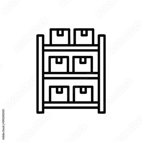A black and white outline of a three-tiered shelf unit holding six boxes