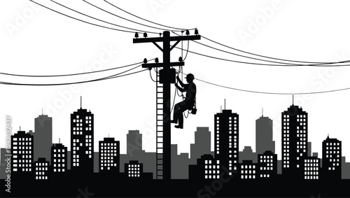 Silhouette of electrician lineman repairing power lines on utility pole above urban city skyline, electrical maintenance worker maintaining high voltage cables and electricity infrastructure