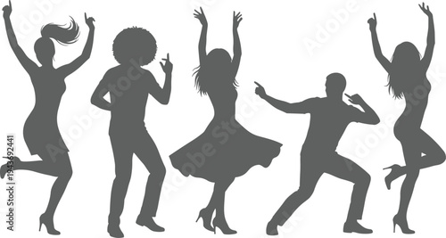 Dance silhouettes illustration, energetic group movement, celebration concept, party design, lively rhythm, performance art, creativity, motion, entertainment, lifestyle, joy