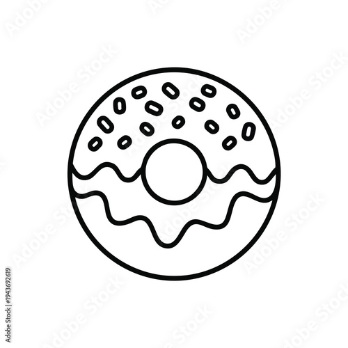 A simplified black and white line drawing of a donut with sprinkles and wavy icing