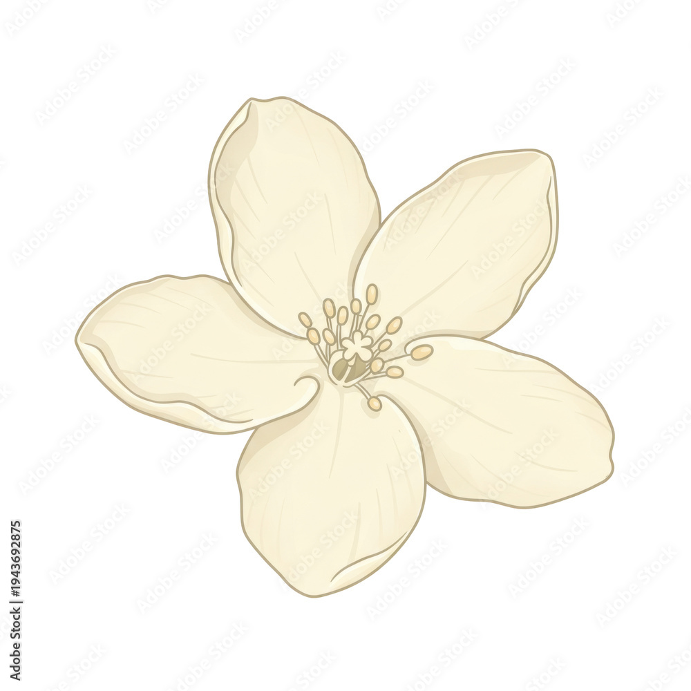 Obraz premium Delicate creamy white flower with five petals and prominent stamens illustration isolated on white background