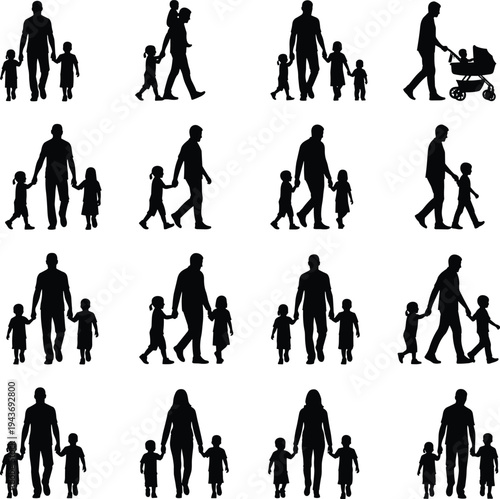 Family silhouette collection, parents walking with children, caregiving figures, stroller baby illustration, parent child relationship, vector silhouettes, black figures, family dynamics