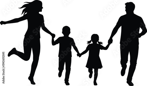 Family silhouette illustration, parents and children together, unity concept, joyful bond design, parenting love, lifestyle, care, affection, emotion, art
