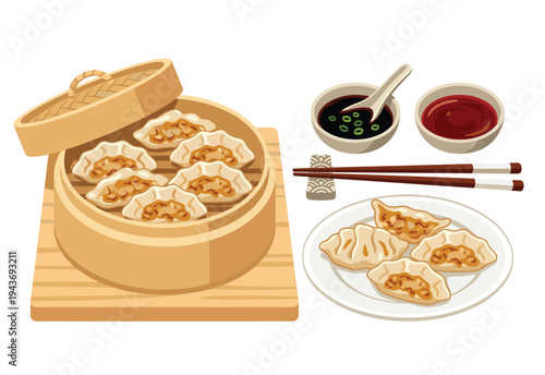 Steamed Dumplings Delight: An inviting visual of delectable steamed dumplings, artfully arranged and accompanied by traditional dipping sauces and chopsticks.