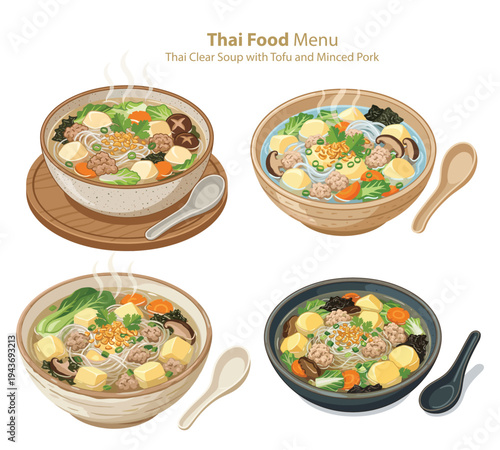 Thai Food Variety: A visual feast of traditional Thai clear soup with tofu and minced pork, each bowl brimming with fresh ingredients.