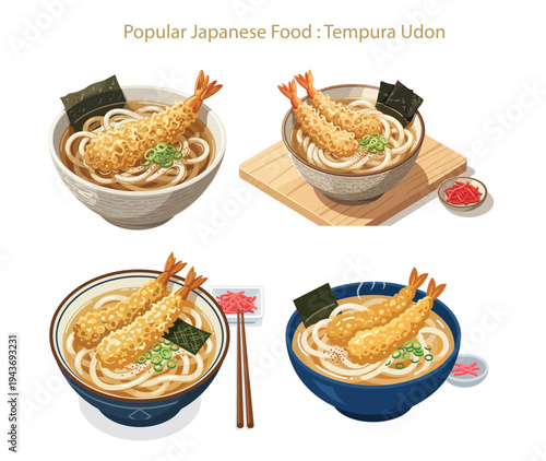 Tempura Udon Platter: A tempting illustration of a popular Japanese delicacy, showcasing the delightful combination of tempura shrimp, savory udon noodles, and flavorful broth.