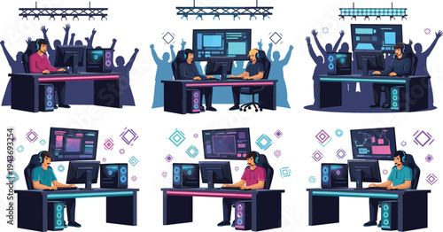 Professional esports gamers streaming gameplay at computer setups with RGB lighting, competitive gaming tournament scenes flat vector illustration collection