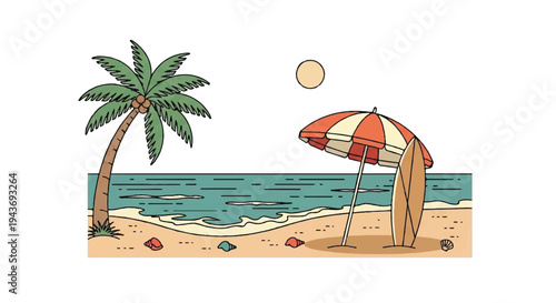 Beach scene with palm tree umbrella and surfboard illustration