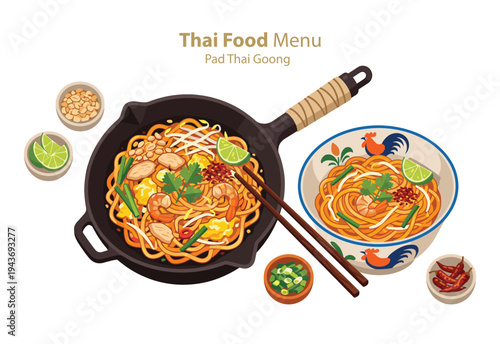 Thai Food Delight: A vibrant illustration showcasing the enticing world of Thai cuisine, featuring a delectable Pad Thai dish, along with fresh ingredients and traditional presentation.