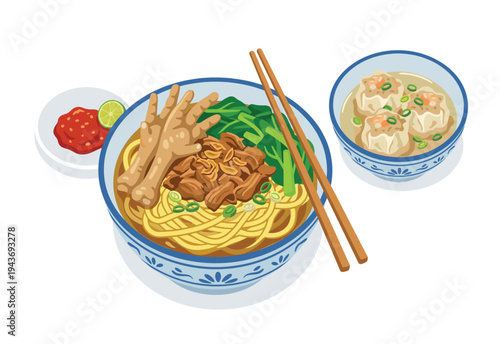 Savory Noodle Feast: A vibrant and appetizing illustration captures a bowl of steaming noodles with chicken feet and green vegetables, paired with delectable dumplings and savory chili.