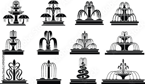 Set of ornamental water fountain silhouettes featuring various classical and modern tiered designs for park landscaping garden decoration urban architecture and outdoor plaza projects