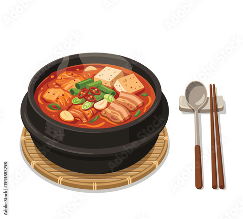 Kimchi Soup: A vibrant illustration showcasing the richness of authentic Korean cuisine, with a steaming bowl of kimchi jjigae, surrounded by chopsticks and spoon.