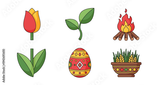Vector illustration of Nowruz traditional symbols, including a tulip, sprouting leaves, a campfire, decorated egg, and Haft-Seen table, celebrating the Persian New Year and spring equinox