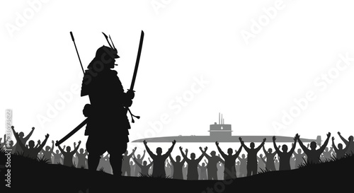 Samurai Warrior Stands Guard Over Crowd with Submarine in Background