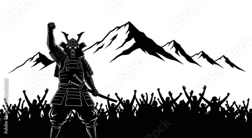 Samurai Warrior Triumphantly Raises Fist Over Cheering Crowd with Mountain Background