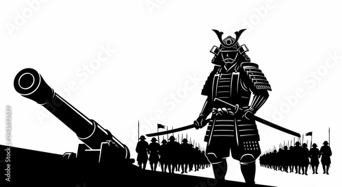 Samurai Warrior with Cannon and Army, Historical Battle Scene