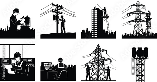 Set of professional electrician and utility worker silhouettes performing maintenance on high voltage towers electricity poles and urban industrial power grid control systems