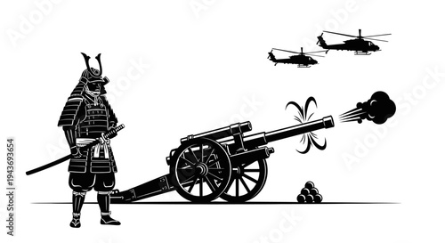 Samurai Warrior with Cannon and Helicopters, Historical vs Modern Warfare Concept