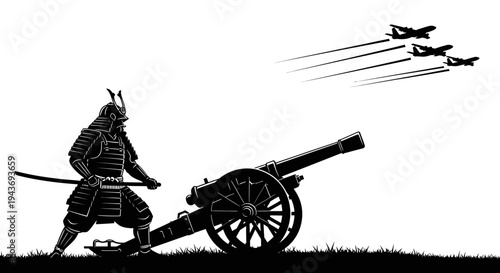 Samurai Warrior with Cannon Facing Airplanes: A Historical and Futuristic Contrast