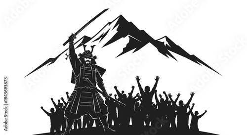 Samurai Warrior with Sword and Crowd Celebrating in Front of Mountains