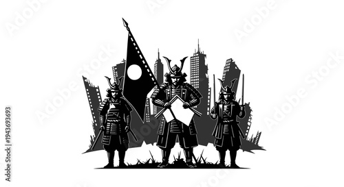 Samurai Warriors Standing Guard in Ruined Cityscape with Flag