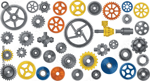 Mechanical gears and cogwheels collection with industrial machine parts, engineering mechanism components and metal gear wheels vector illustration set