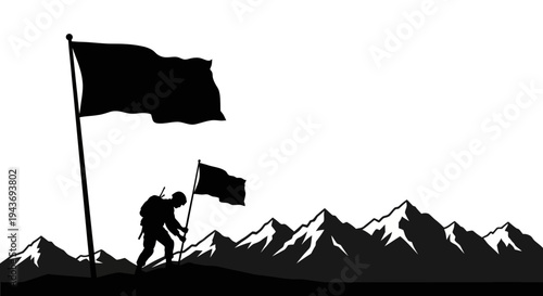 Silhouette of Climber Planting Flag on Mountain Peak at Sunrise