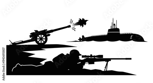 Silhouette of Military Forces: Sniper, Artillery, and Submarine in Combat