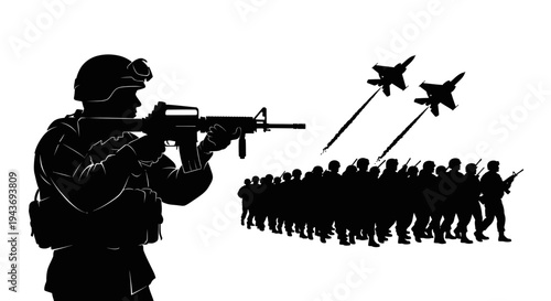Silhouette of Soldier Aiming Rifle with Military Jets Flying Over Marching Troops
