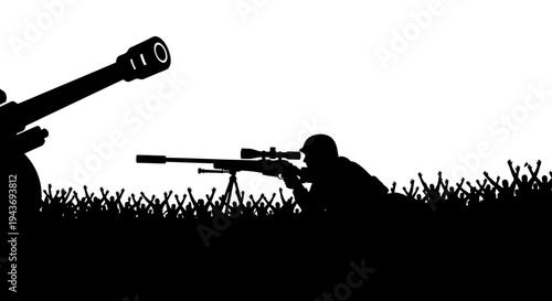 Silhouette of Sniper and Cannon in Battle Scene with Cheering Crowd
