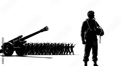 Silhouette of soldier and marching army with artillery gun, war concept