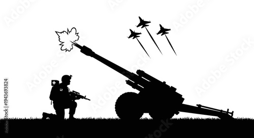 Silhouette of Soldier Firing Artillery Gun with Fighter Jets Flying Overhead