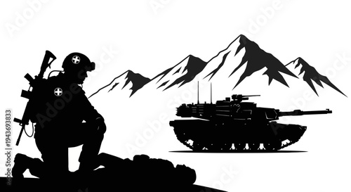 Silhouette of soldier kneeling with tank and mountains in background, military scene