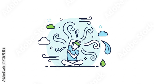 Illustration of a person meditating amidst swirling clouds and water droplets.