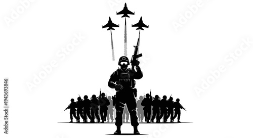 Silhouette of Soldier Leading Troops with Fighter Jets Flying Overhead