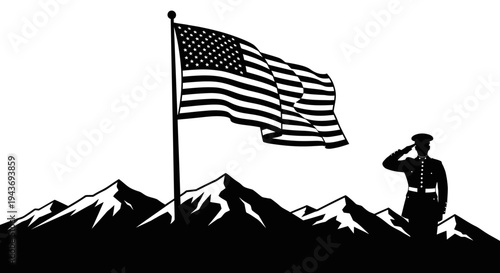 Silhouette of Soldier Saluting American Flag Over Mountains, Patriotic Memorial Day Scene