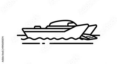 Sleek Motorboat Icon on Water, Minimalist Line Art Design