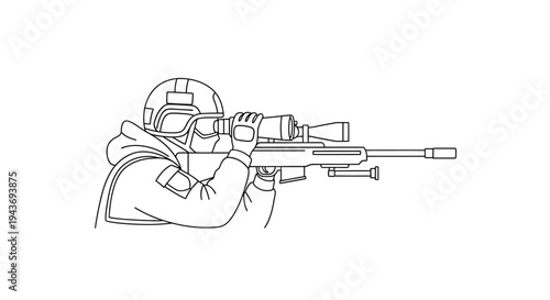 Sniper aiming with rifle scope, tactical soldier, military operation, precision shot, focus