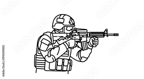 Soldier Aiming Assault Rifle, Military Combat Gear, Tactical Equipment, Action Pose