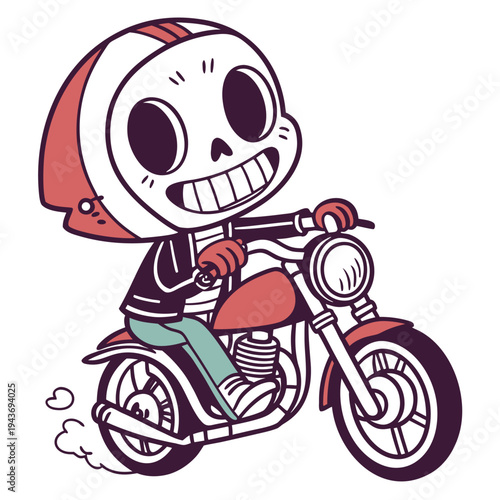 Cartoon skeleton riding motorcycle with red helmet and gloves