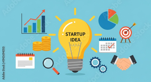 Creative Startup Idea Concept with Lightbulb and Business Icons.